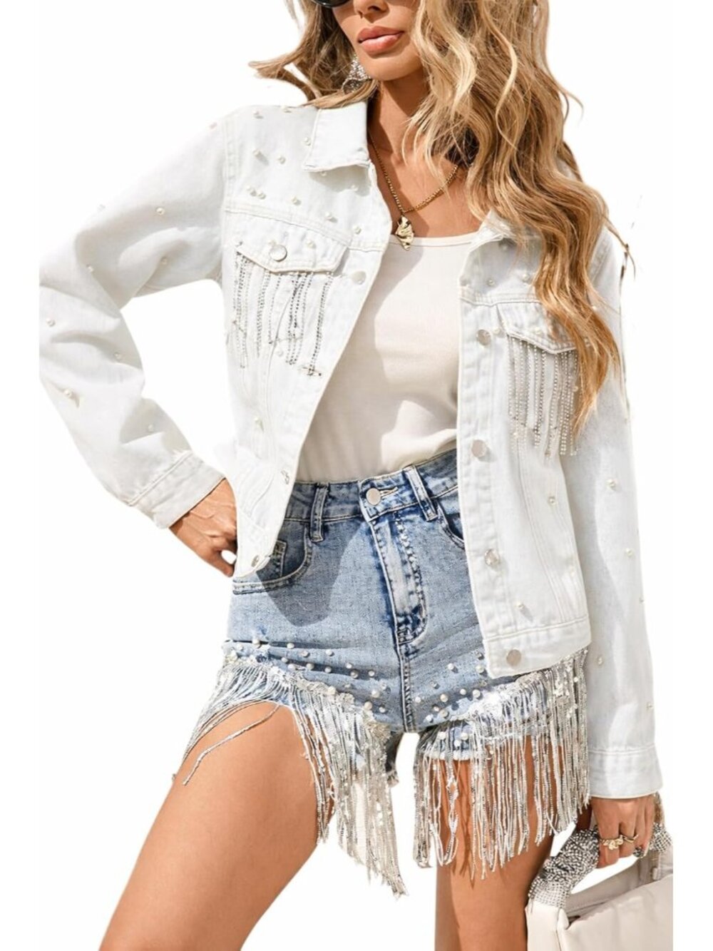 〽️Women's White Pearl Beaded Denim Jacket Rhinestone Fringe Heart Design